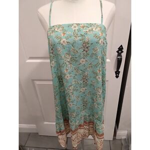 Macaron Women Floral Print Midi Dress Teal Blue Strappy Tie Back Ruffle Trim S